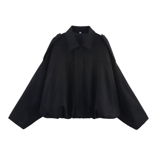 New 2025 Women Suede Textured Bomber Jacket Long Sleeve Lapel Collar Loose Coats Casual Female Outerwear Chic Tops
